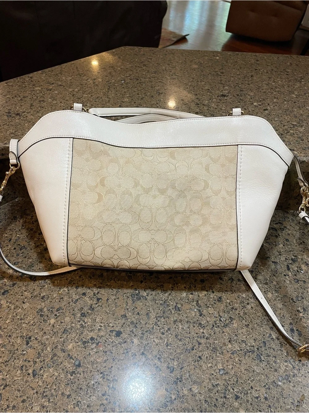 EUC Coach Lexy Shoulder Bag Signature “C” Jacquard Chalk/White Leather Trim Gold